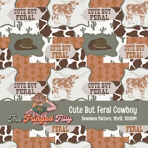 Cute But Feral Cowboy Seamless Pattern  | Cactus Aztec Cow Longhorn Print | Cowkid Western Digital Design