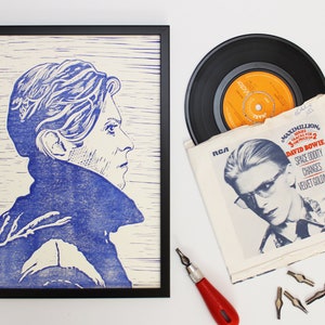 Bowie Lino Print - Blue Ink - David Bowie Art - Bowie Poster-  Wall Art - Musician Print - Housewarming Gift - Gift for Him - Gift for Her