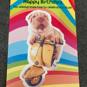 Alles Gute zum Geburtstag Hundescooter Regenbogen Grußkarte