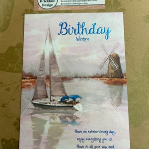 Tarjeta Felicitaciones Feliz Cumpleaños Barco Con Molino Agua Molino Viento