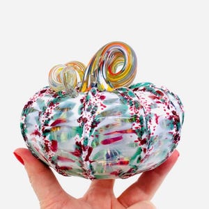 Mint Blue Green Raspberry Magenta Pink White Handblown Hand Blown Collector's Artisan Glass Squat Pumpkin Multi Color Coiled Curly Stem OOAK