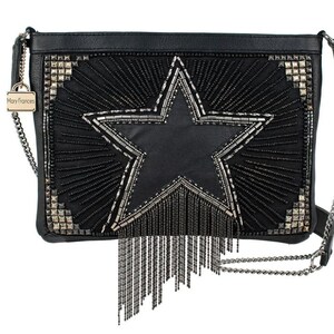 Mary Frances Stellar Lone Star Handmade Studded Embellished Chain Fringe Rockstar Genuine Leather Crossbody Bag Handbag Purse Black Silver