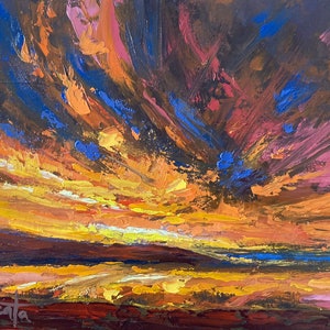 May include: An original oil painting of a sunset with vibrant colors. The artwork features bold brushstrokes in shades of yellow, orange, pink, and blue, creating a dynamic and textured sky. The artist's signature is visible in the lower left corner.