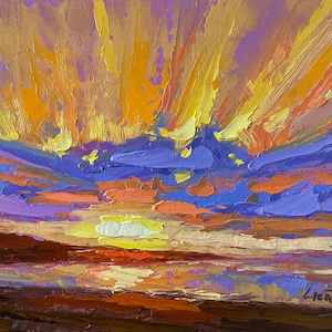 May include: A painting of a sunset with a bright orange and yellow sky, purple and blue clouds, and a dark brown foreground.