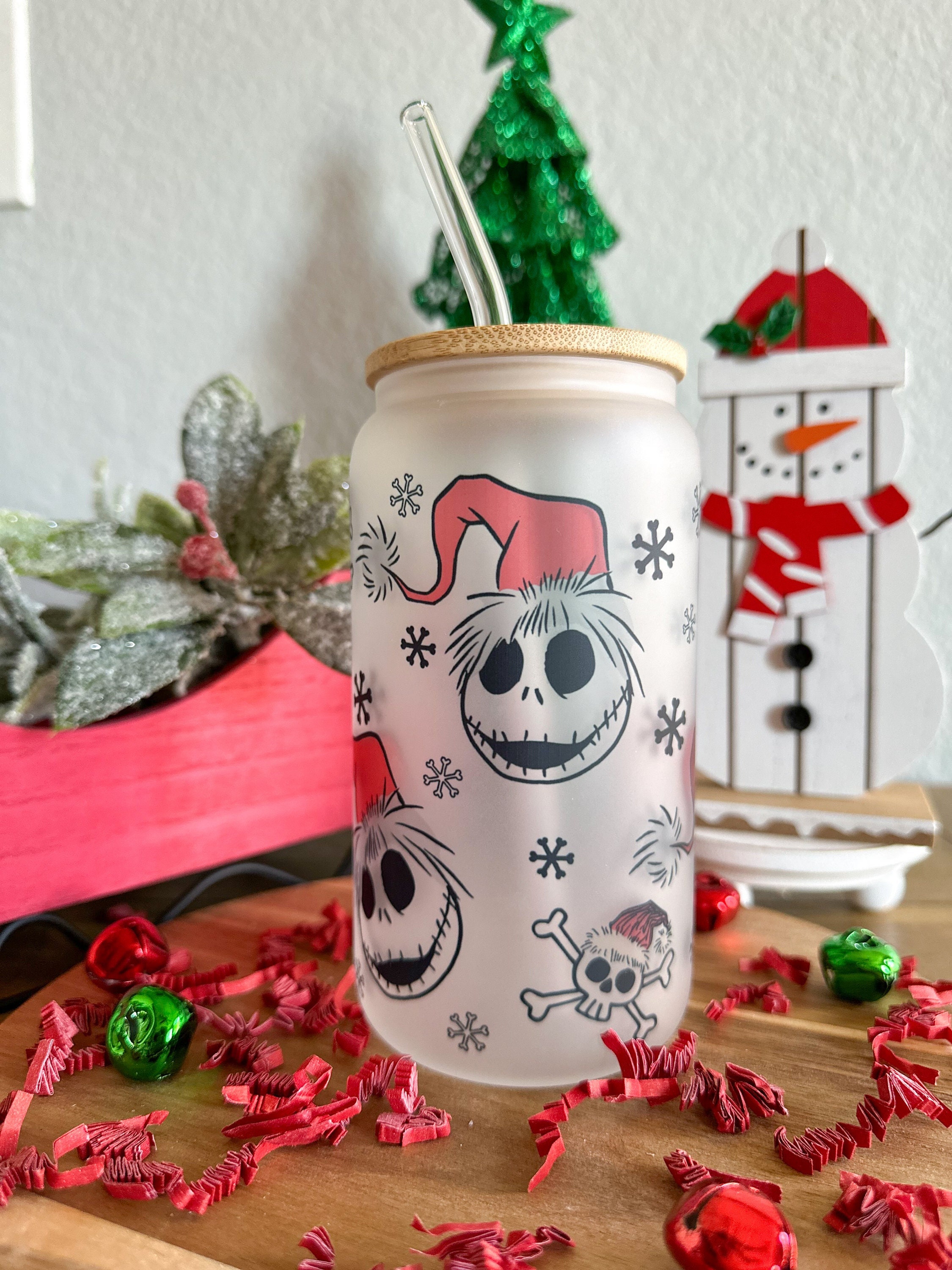 Jack Skellington Glass Cup with Bamboo Lids and Straw – Mrs Pretty Prints