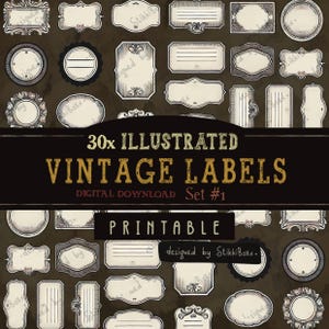 Illustrated Vintage Label Tags Junk Journaling Style Decorative Ephemera Printable Digital Download Grungy Junk Journal Supplies Fussy Cut