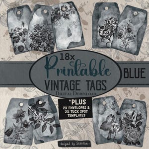 Floral Vintage Junk Journal Gift Tags Blue Flowers Botanical Digital Download Printable Print Fussy Cut Images Make Your Own Envelope Tuck
