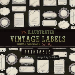 Illustrated Vintage Label Tags Junk Journaling Style Decorative Ephemera Printable Digital Download Grungy Junk Journal Supplies Fussy Cut