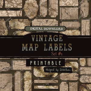 May include: A digital download of vintage map labels. The labels are in various shapes and sizes, with a sepia-toned color scheme. The text "VINTAGE MAP LABELS" and "PRINTABLE" are displayed. The design is by StikkiBoxx.