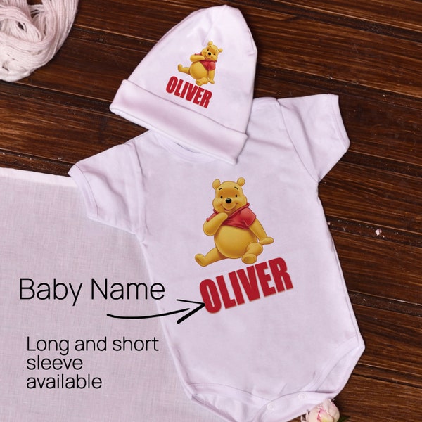 winnie the pooh with name cotton baby bodysuit and cotton hat Homecoming Bear Theme onesie Custom tee Personalized baby unisex baby shower