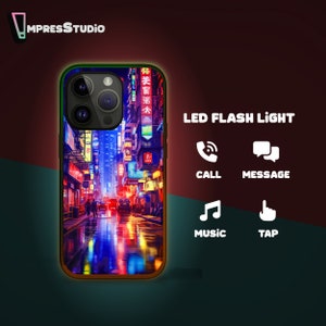 Cyberpunk City LED clignotant graphique étui pour iphone de téléphone 16e 16 15 14 13 12 étui pour samsung S25 S24 FE A16 A55 A35 A15