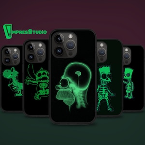 May include: A collection of black phone cases featuring glow-in-the-dark cartoon character designs. The designs include a dinosaur, Stitch, Homer Simpson, and Bart Simpson, all depicted as skeletons. The "ImpressStudio" logo is visible in the top left.