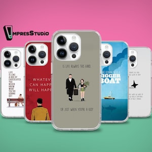 May include: A collection of phone cases with various designs and quotes. One case features a quote from the movie "Forrest Gump", another from "Leon: The Professional", and a third with a boat graphic. The cases are in clear protective covers.