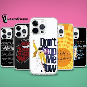 May include: A collection of phone cases with various designs. One case features a graphic of Freddie Mercury with the text "Don't Stop Me Now." Other cases have text and graphic designs, including a music-themed case and a case with the text "I've got sunshine on a cloudy day."
