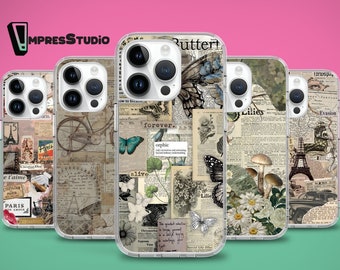 Funda estética con collage de periódicos para iPhone 16e, 16, 15, 14, 13 y 12. Funda para Samsung S25, S24 FE, A16 y A54. Funda para Pixel 9, 8 y 7.