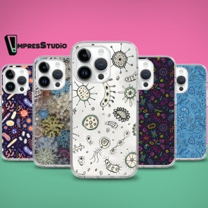 May include: Five different phone cases with various colorful patterns of microscopic organisms. The cases are all clear and show the phone's camera lenses.