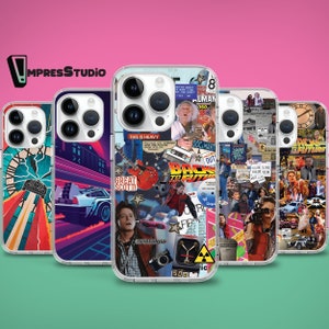 May include: Four clear phone cases featuring a collage of images from the film Back to the Future. The cases include images of the DeLorean time machine, the characters Marty McFly and Doc Brown, and other iconic elements from the movie. The text "Back to the Future" is visible on one of the cases.