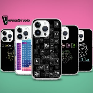 May include: Four clear phone cases with different designs. The first case features a black and white periodic table of elements. The second case features a black and white periodic table of elements with a rainbow gradient. The third case features a black and white periodic table of elements with a black background. The fourth case features a black and white outline of Albert Einstein's face with the words "Genius" and "S" for sulfur.