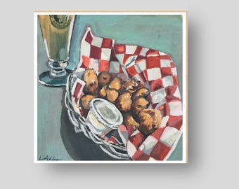 Cheese Curds & a Beer 6x6" print, Wisconsin themed art, food painting, bar decor