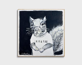 Squirrel Resist Print, Minimal Black White Protest Art, 6x6" Matte Paper