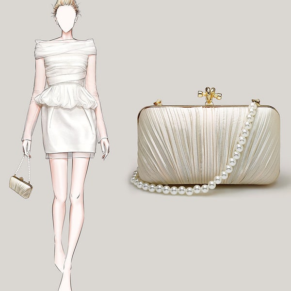 Champagne matt satin pearl beaded clutch | clutches handbag evening bags banquet wedding party formal event