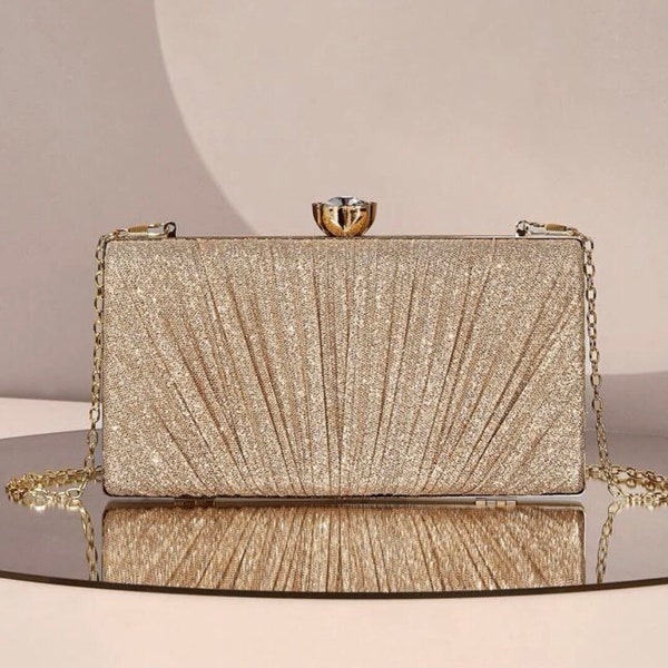 Gold minimalist pleated classic vintage banquet clutch | clutches handbag evening bags banquet wedding party formal event