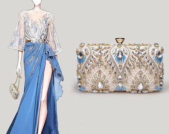 Crystal beads peacock feather pattern embroidery metallic blue gold handbag | clutches evening bags banquet bridal wedding party formal