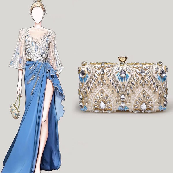 Perles de cristal motif de plume de paon broderie bleu métallisé sac à main en or | pochettes sacs de soirée banquet fête de mariage nuptiale formelle