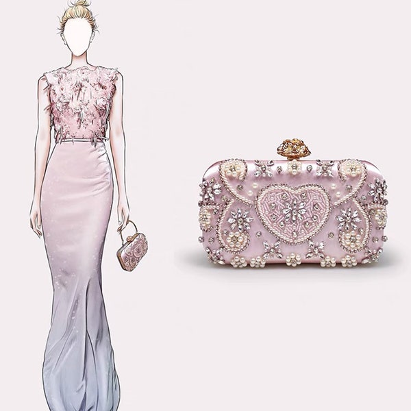 Crystal pearl beaded floral heart pattern metallic pink chic top handle handbag | clutches evening bags banquet bridal wedding party formal