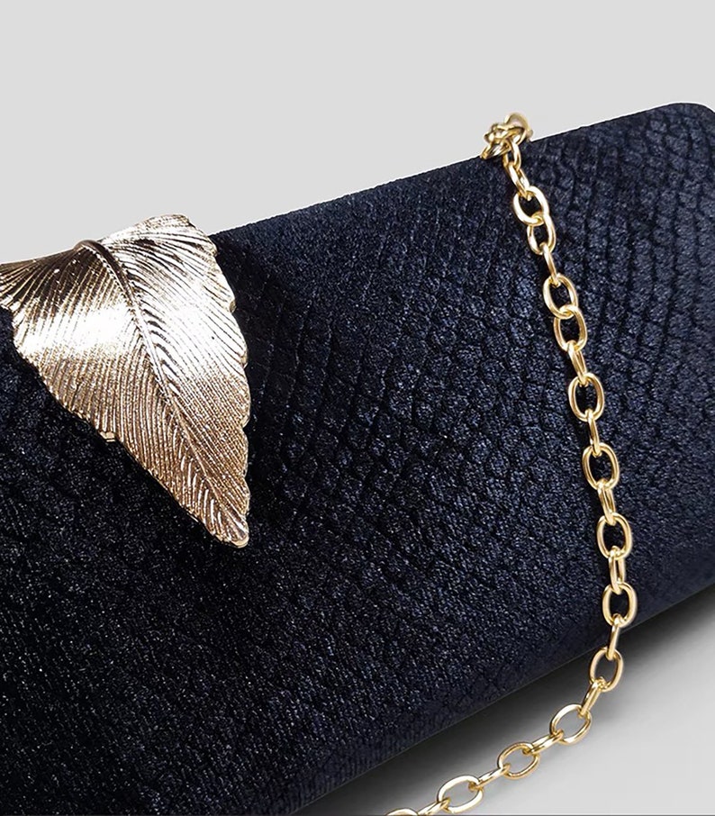 Classic Vintage Metallic Black Clutch With Gold Leaf Clasp Clutches