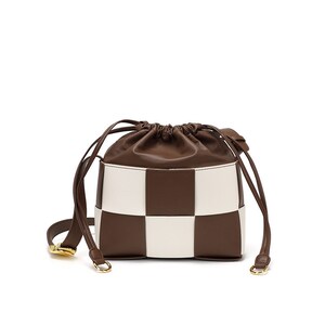 Leather crossbody shoulder bag - classic vintage style checkboard pattern bucket purse bag