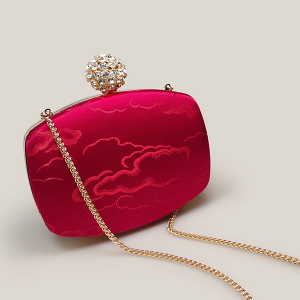 Vintage embroidery red silky satin clutch with crystal ball top | clutches handbag evening bags banquet wedding party formal event (Red)