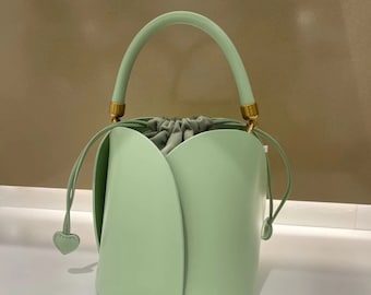 Tulip Design Drawstring Leather small bucket handbag with three styles exchangeable belt