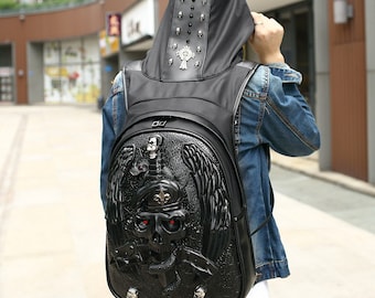 Gothic Collection | PUNK Style Skull Skeleton 3D carved waterproof black backpack with hat (color: black, silver, gold)
