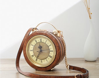 PUNK Style Clock Shoulder Messenger Bag | Vintage Clock Round Bag | PU Leather (Color: Brown, Black, Pink)
