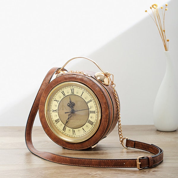PUNK Style Clock Shoulder Messenger Bag | Vintage Clock Round Bag | PU Leather (Color: Brown, Black, Pink)