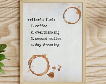 Writer's Fuel Digital Art Print / Descargable / Wall Print / Decoración de pared / Arte de pared / Café / Decoración de escritura / Autor