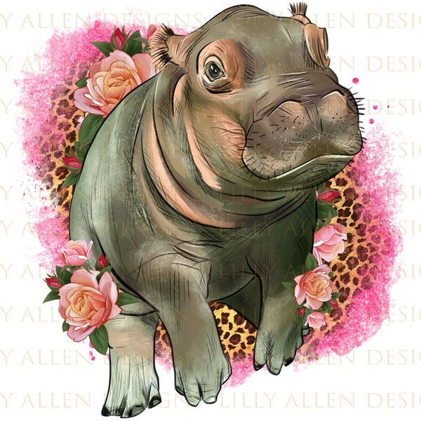 Western Floral Baby Hippo Png, Hippopotamus Png Sublimation Design, Leopard Baby Hippo Png, Hand Drawn Baby Hippopotamus Png Downloads