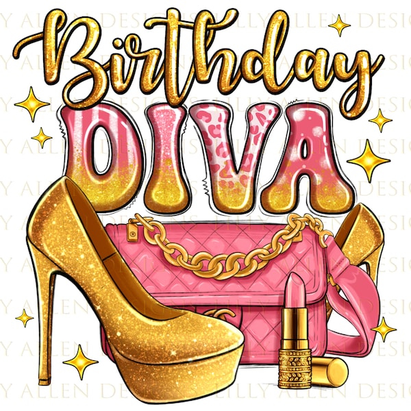 Birthday diva pink and gold glitter png sublimation design download, birthday day png, birthday party png, birthday png, designs download