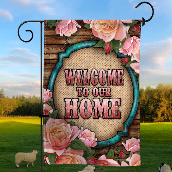 Western Welcome To Our Home Garden Flag Png, Floral Garden Flag Png, Pink Roses Garden Flag Png, Vintage Rose Garden Flag Png Downloads