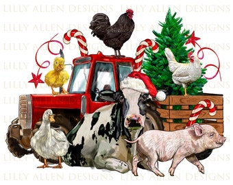 Christmas Farm Animals With Farm Tractor Png Sublimation Design,Farm Animals Png,Christmas Animals Png,Christmas Farm Animals Png Download