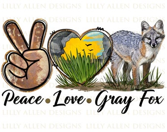 Peace Love Gray Fox Png Sublimation Design, Fox Illustrations, Printable Fox, Fox Png, Fox Clipart, Forest Wild Animals Png Downloads