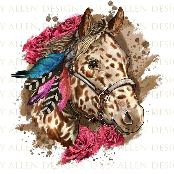 Floral Appaloosa With Feathers Png, Horse Png, Horse Sublimation Design, Native American Appaloosa Horse Png,Horse Portrait Png Downloads