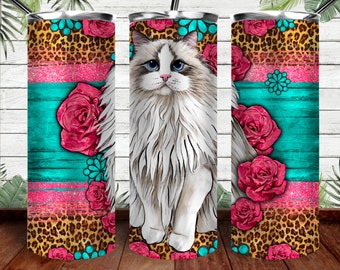 Western Ragdoll Cat Tumbler Png Sublimation Design, 20oz Skinny Tumbler Png, Pink Glitter And Roses Ragdoll Cat Png Digital Downloads