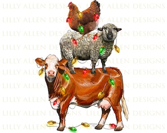 Christmas Cow Sheep And Chicken Png Sublimation Design, Christmas Animals Png, Western Christmas Png,Christmas Barnyard Animals Png,Download