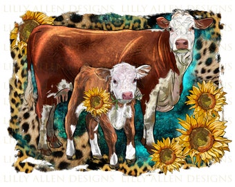 Western Hereford Cow And Hereford Calf With Sunflowers Png Sublimation Design, Western Cow Png, Calf Png, Leopard Hereford Cow Png Downloads