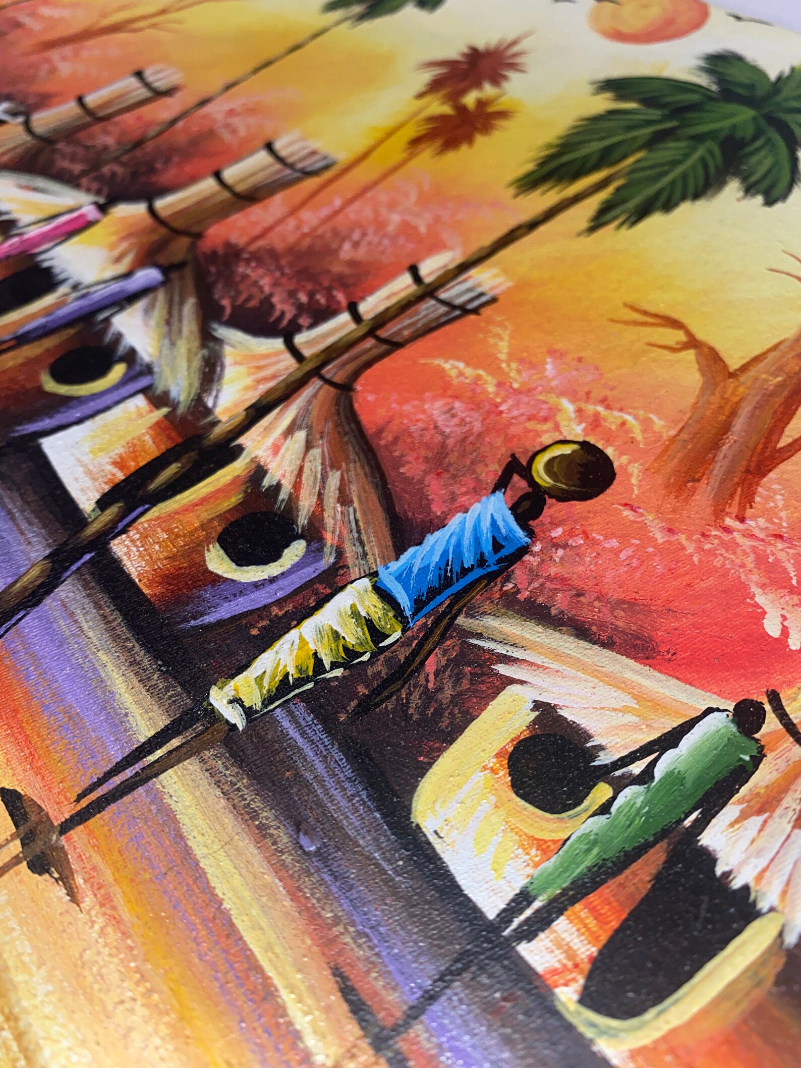 African Art Village Sunset Hand Painted Acrylic Canvas Ghana Etsy