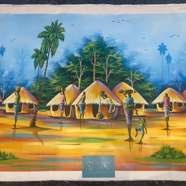 Scène de village peinte à la main - Ghana