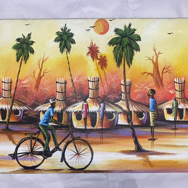 African Art - Village Sunset - Hand Painted Acrylic Canvas - Ghana