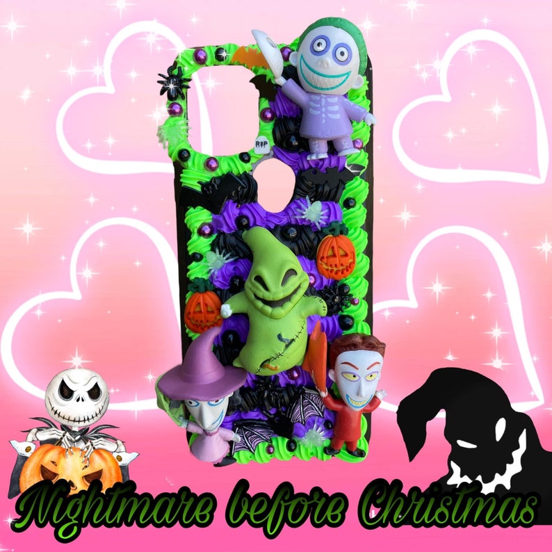 May include: A decorative phone case featuring characters from "The Nightmare Before Christmas." The case is adorned with green, purple, and black accents, and includes figures of Jack Skellington, Oogie Boogie, and others. The text "Nightmare before Christmas" is also visible.